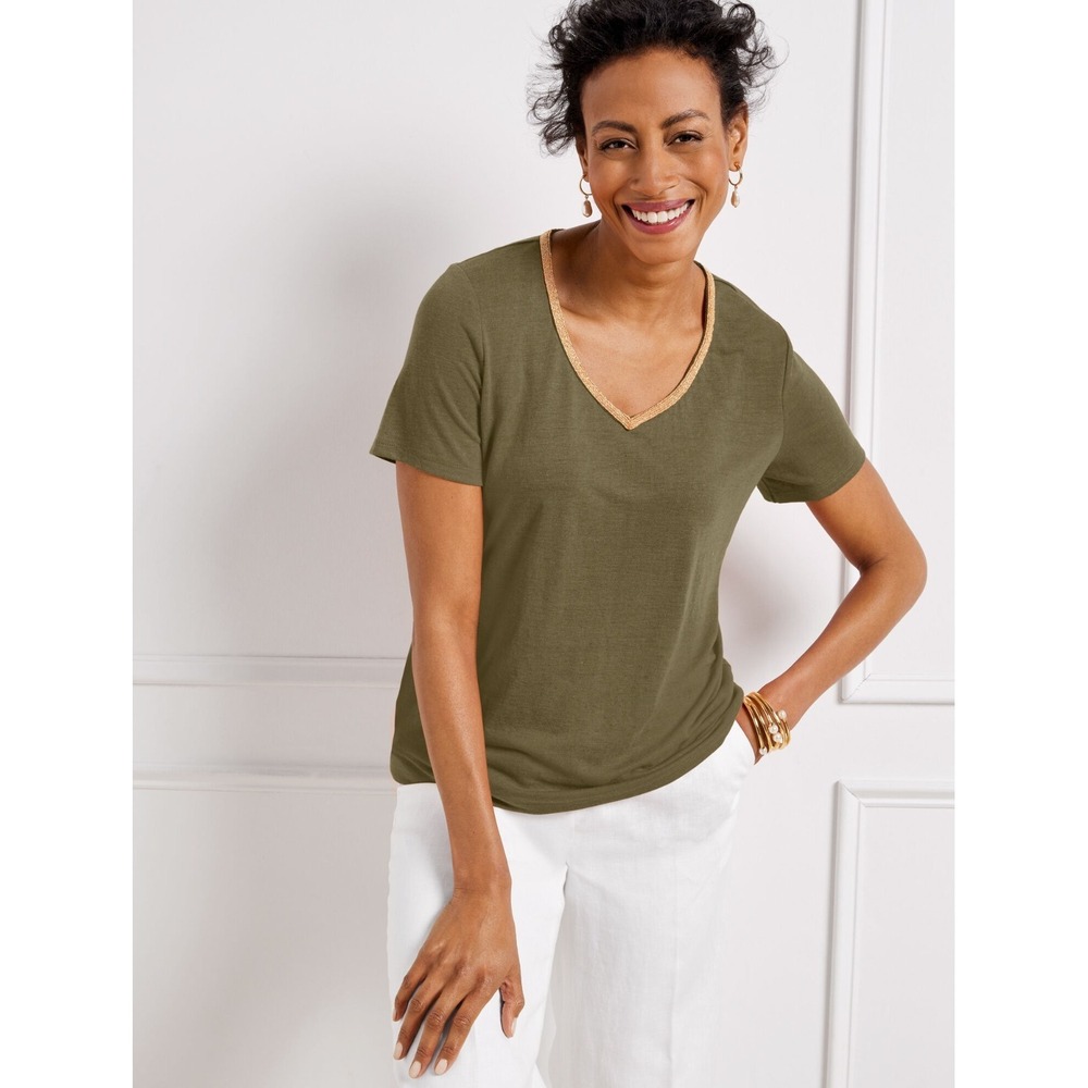 Talbots Shirt‎ Top Womens XS Olive Green Metallic Bead Trim V Neck Linen Blend
